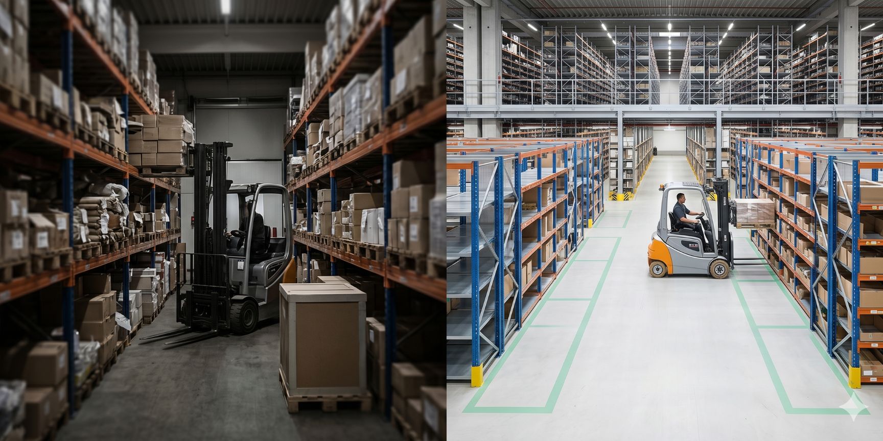 Comparison of an overcrowded warehouse with blocked aisles and an optimally utilized warehouse with 15% free buffer, which shows smooth logistics processes.